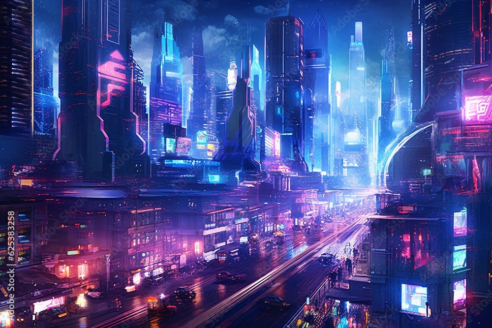 Illustration portraying a cyberpunk-inspired cityscape. Generative AI technology.