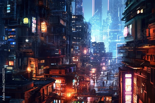 Illustration portraying a cyberpunk-inspired cityscape. Generative AI technology.