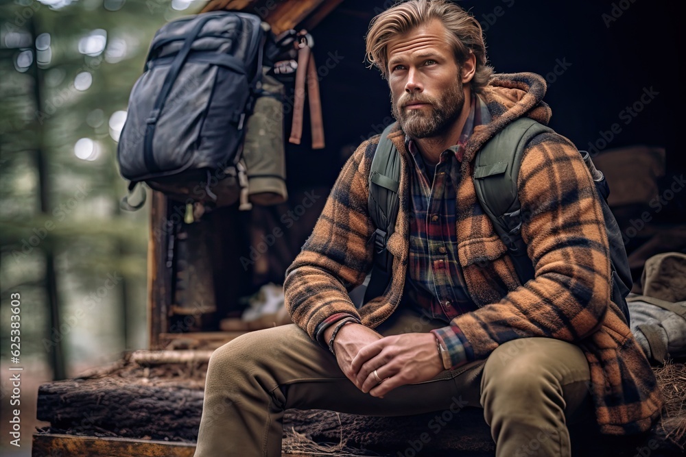 Handsome bearded man with backpack in the autumn forest. Travel and adventure concept Handsome bearded man with backpack in the autumn forest. Travel and adventure concept