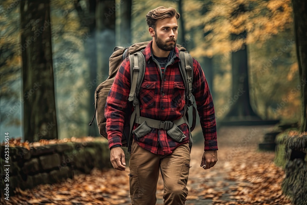 Handsome bearded man with backpack in the autumn forest. Travel and adventure concept