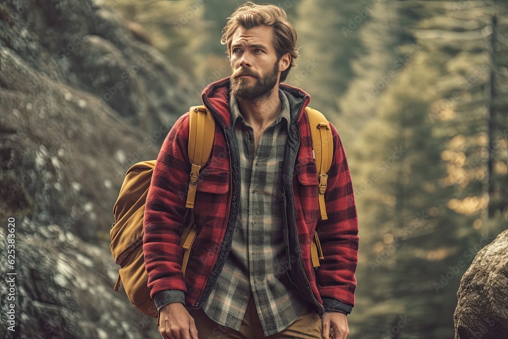 Handsome bearded man with backpack in the autumn forest. Travel and adventure concept Handsome bearded man with backpack in the autumn forest. Travel and adventure concept