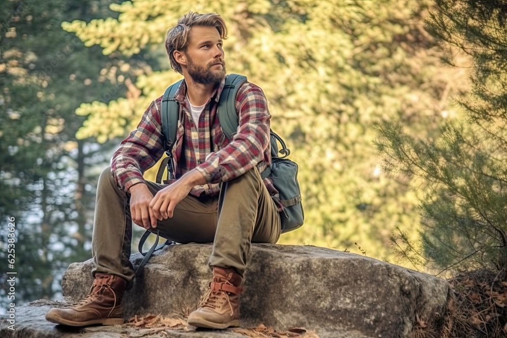 Handsome bearded man with backpack in the autumn forest. Travel and adventure concept Handsome bearded man with backpack in the autumn forest. Travel and adventure concept