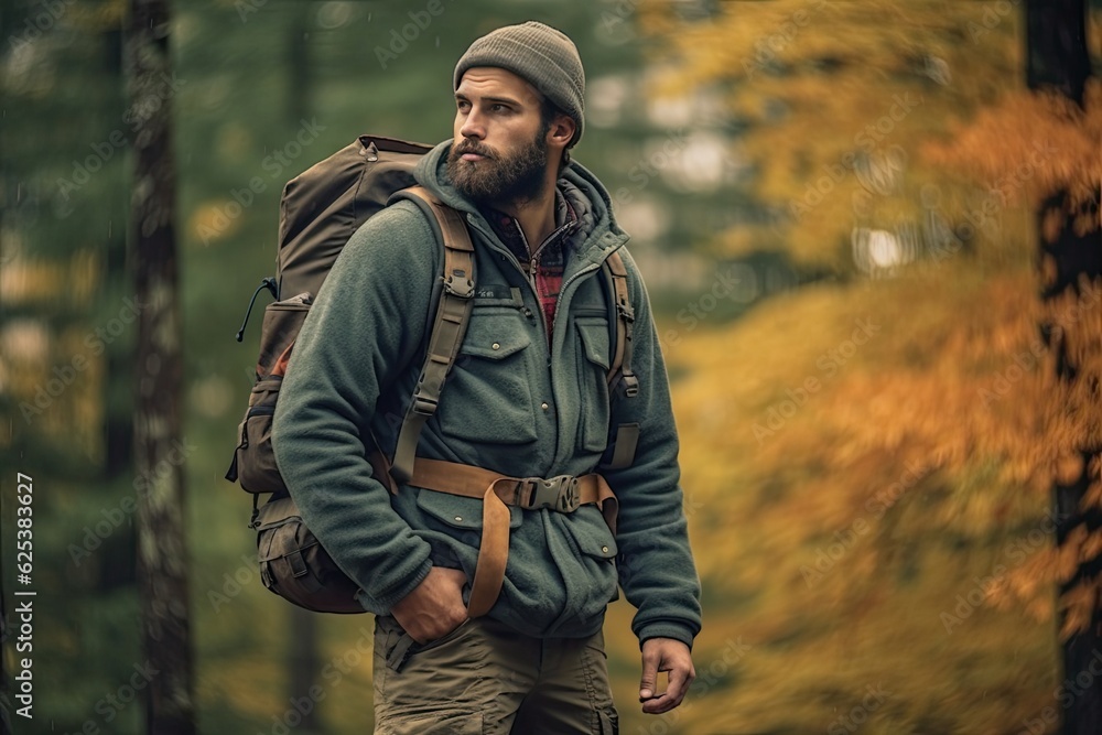 Handsome bearded man with backpack in the autumn forest. Travel and adventure concept