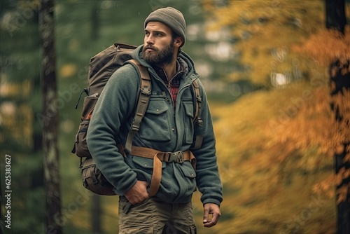 Handsome bearded man with backpack in the autumn forest. Travel and adventure concept