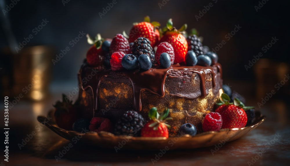 Naklejka premium Indulgent homemade berry cheesecake with chocolate sauce on rustic wood table generated by AI