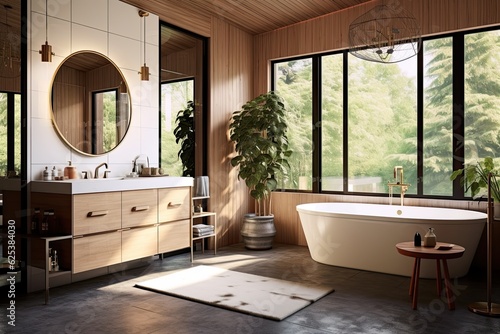 Interior of modern bathroom with beige walls  wooden floor  comfortable white bathtub and round mirror