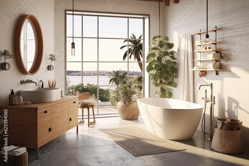 Interior of modern bathroom with beige walls, wooden floor, comfortable white bathtub and round mirror