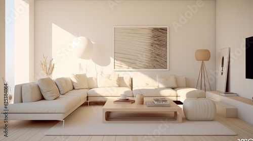 Modern luxury spacious penthouse living room interior design with comfortable sofa, coffee table