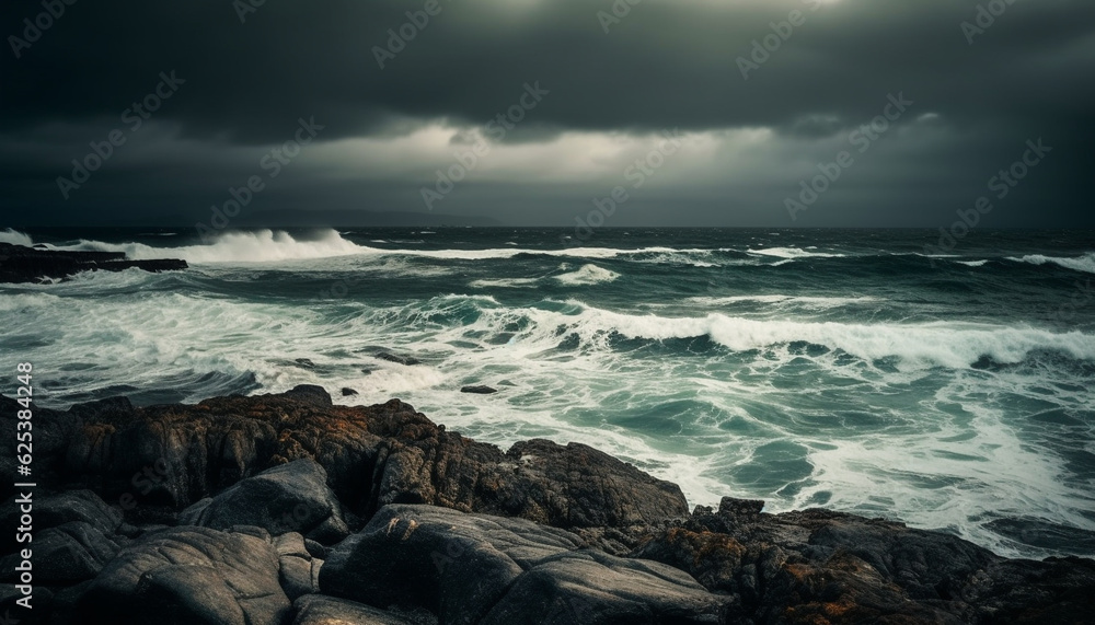 Obraz premium Dramatic sky over rough seas, crashing waves on rocky coastline generated by AI