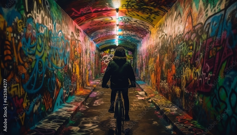 Young adults cycling through the city streets at night, illuminated by backlit graffiti generated by AI