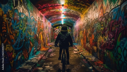 Young adults cycling through the city streets at night, illuminated by backlit graffiti generated by AI © djvstock
