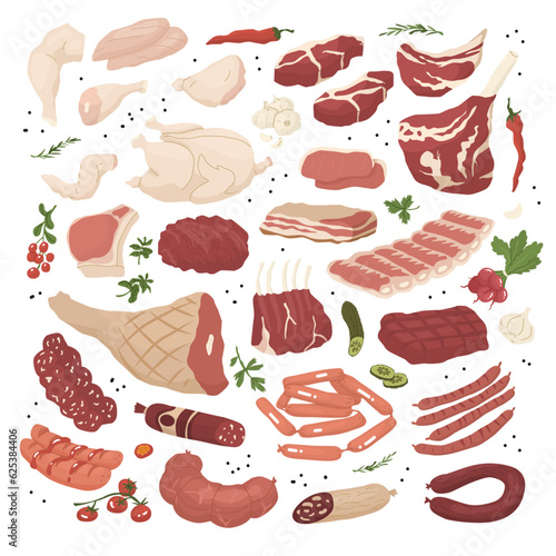 Set of meat products. Fresh chicken, beef, pork fillet  and sausages. Different parts of the bodies of animals. Concept for farms and food markets. Vector illustration isolated on white background.