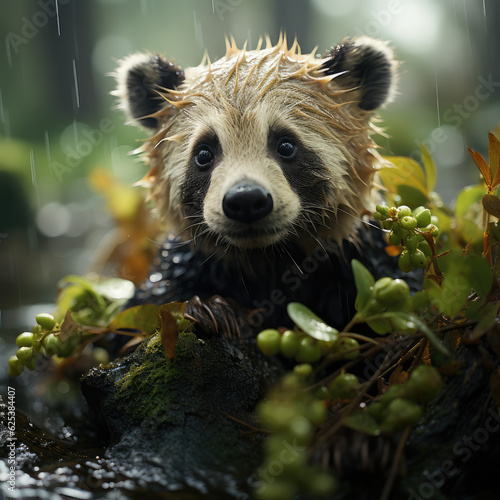 cute panda lost in forest during rain, wildlife animals, background wallpaper image photo