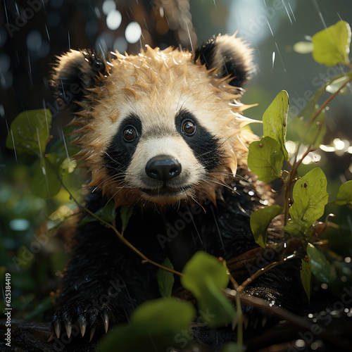 cute panda lost in forest during rain, wildlife animals, background wallpaper image photo