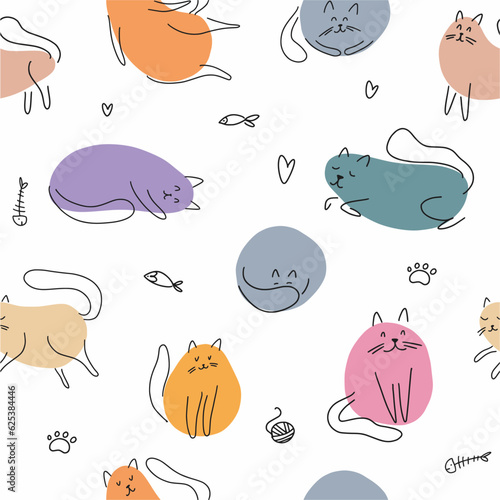Vector pattern from a collection of funny cats in different poses and different breeds, hand-drawn in the style of doodles.