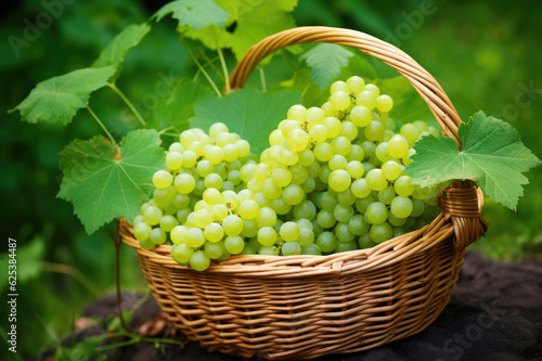 Wicker basket full of grapes on green leaves background