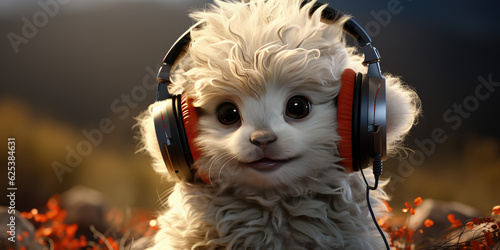 cute cartoon style baby sheep wearing headphones, wallpaper background image photo