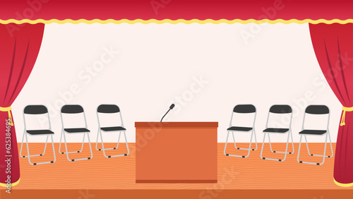 学校の体育館での演説をイメージした舞台にパイプ椅子が並んでいる背景イラスト