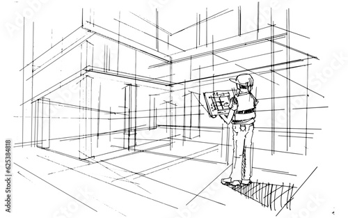 construction site line drawings for buildings and engineers ,a line drawing Using interior architecture, assembling graphics, working in architecture, and interior design