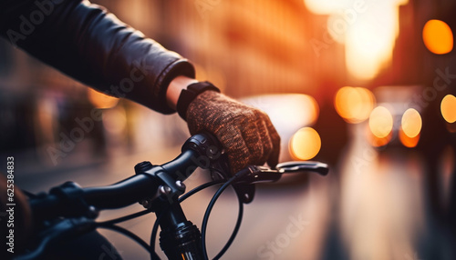 City cyclist holding wheel, riding through traffic at dusk generated by AI