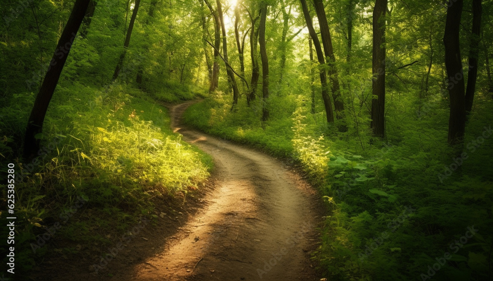 Obraz premium Tranquil forest footpath leads to mysterious mountain wilderness adventure generated by AI