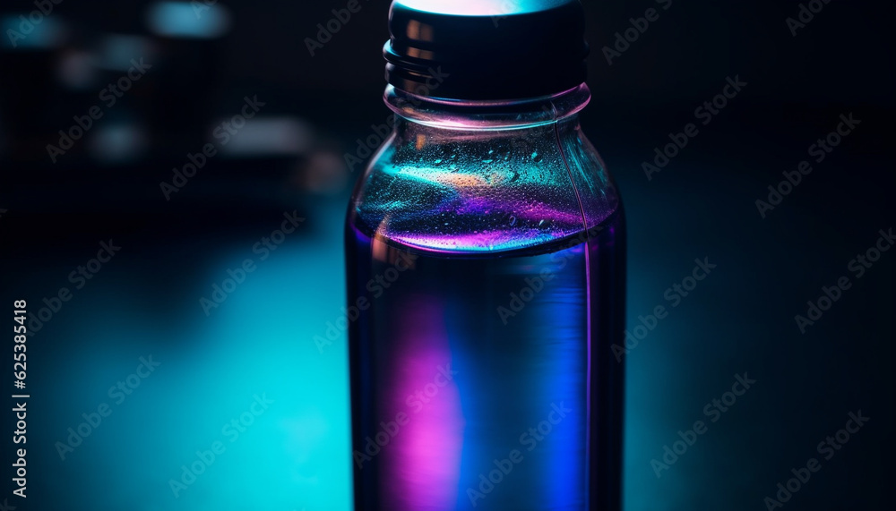 Transparent glass bottle with blue liquid and single drop generated by AI Transparent glass bottle with blue liquid and single drop generated by AI