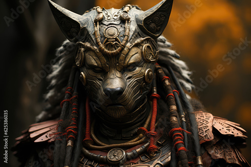  fierce african tribe warrior wearing hyena mask with samurai armor, wallpaper background image photo