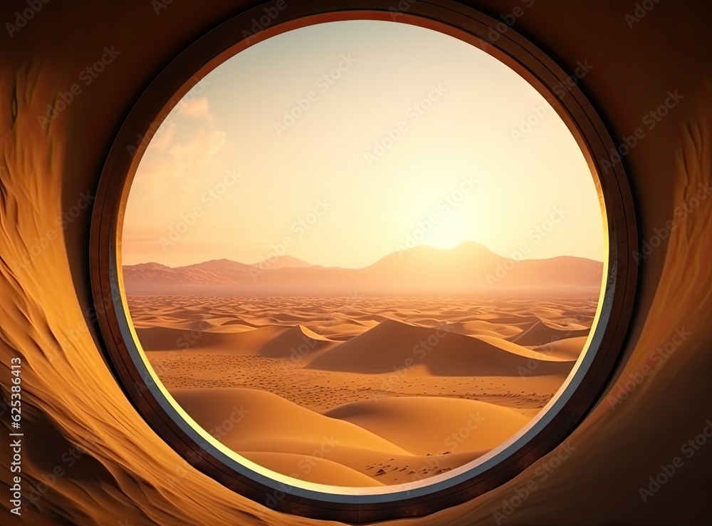 View from the round window at desert sand dune sunset. Generative AI View from the round window at desert sand dune sunset. Generative AI
