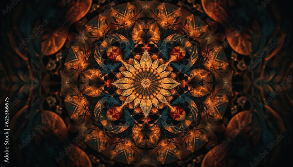 Abstract animal backdrop with ornate, multi colored shapes in a mandala generated by AI