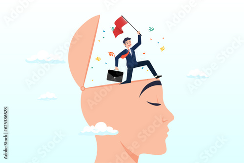Success businessman climbing on top of his mind holding winning flag for business goal, success mindset, mentor or inspiration to succeed in work or business, growth and career development (Vector)