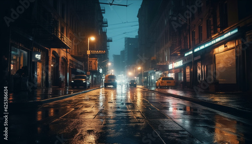 Nighttime city life traffic, rain, blurred motion, illuminated skyscrapers generated by AI