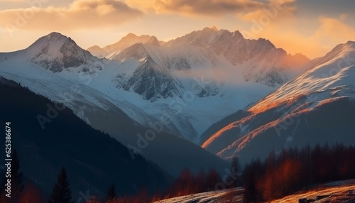 Majestic mountain range, snow capped peaks, tranquil scene of nature generated by AI
