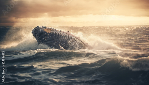 Sunset nautical vessel crashes on breaking wave, danger ahead generated by AI © djvstock
