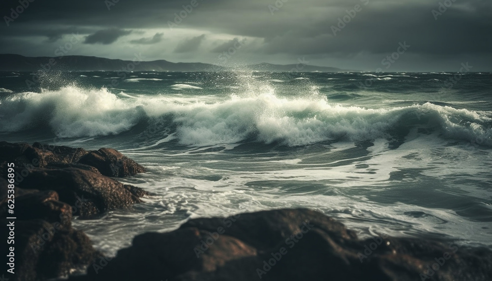 Fototapeta premium Dramatic sky, crashing waves, wet rocks, awe inspiring beauty in nature generated by AI