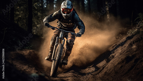 Muscular biker conquers extreme terrain in thrilling mountain biking championship generated by AI