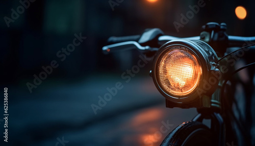 Chrome motorcycle speeds through city traffic at dusk, illuminated headlights generated by AI