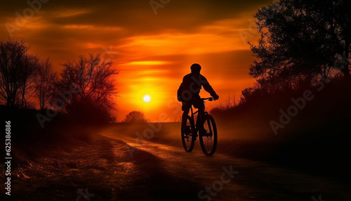 Silhouette of a muscular biker cycling through nature at dusk generated by AI