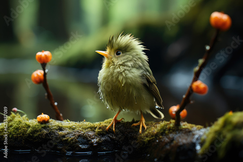 little cute bird in mossy forest,  forest animals, wildlife, background wallpaper image photo
