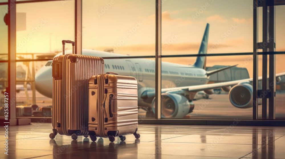 stack of traveling luggage in airport terminal and passenger plane,ai ...
