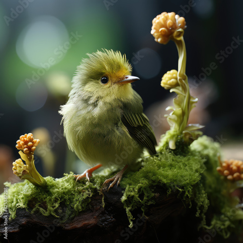 little cute bird in mossy forest,  forest animals, wildlife, background wallpaper image photo