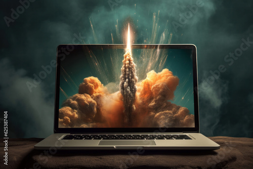 Launching Space Rocket From Laptop Screen. Generative AI