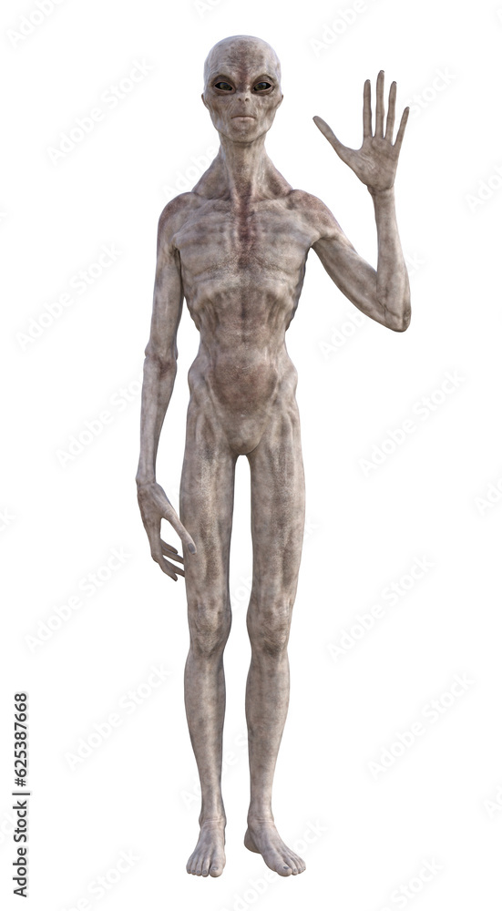 Grey alien on transparent background, 3d render