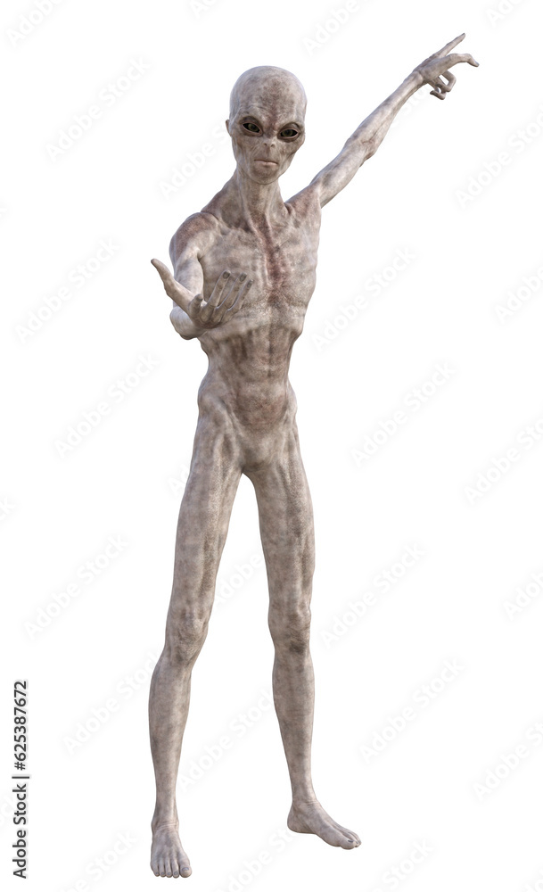 Grey alien on transparent background, 3d render