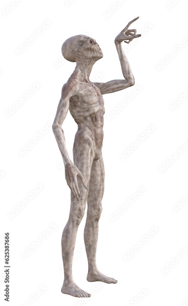 Grey alien on transparent background, 3d render