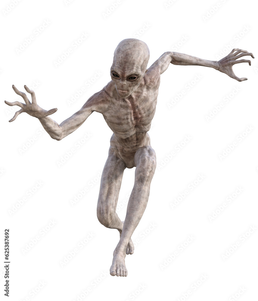 Grey alien on transparent background, 3d render Grey alien on transparent background, 3d render