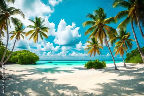 Beautiful beach with white sand and palm trees generated by AI tool © Muhammad