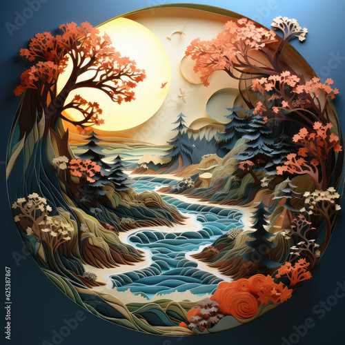 multi dimensional paper cut decoration, landscape with ocean and waves, sun, forest with animals, wallpaper background image photo