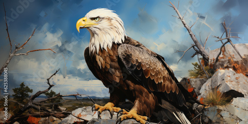 mural painting with rocks and bald eagle, wildlife of USA, wallpaper background image for hunters photo