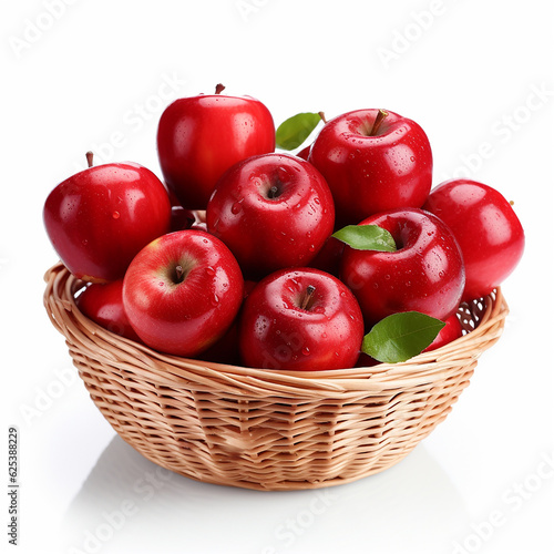 Basket of Fresh Red apple isolated on white background, Red Envy apple with leaves on white background With clipping path