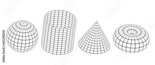 Wireframe shapes collection. 3d outline sphere, cylinder, cone and torus. Black geometric elements for design templates, icons, logo. Abstract lattice objects with connected lines. Vector pack